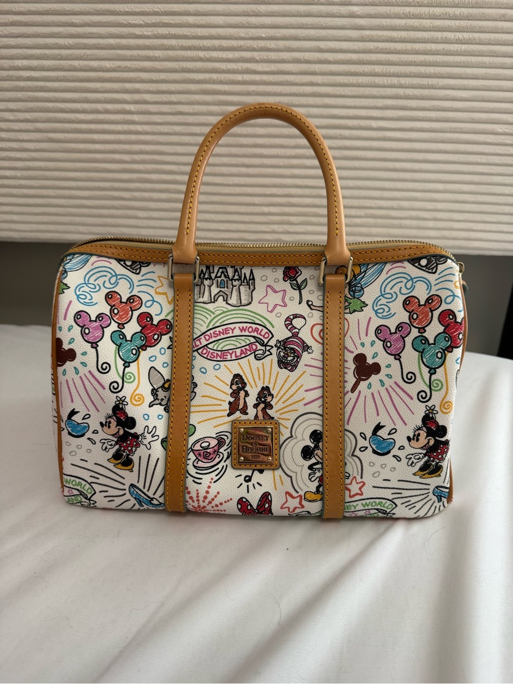 Dooney & Bourke White Satchel with Tan Trim and Multicolor Disney Sketch